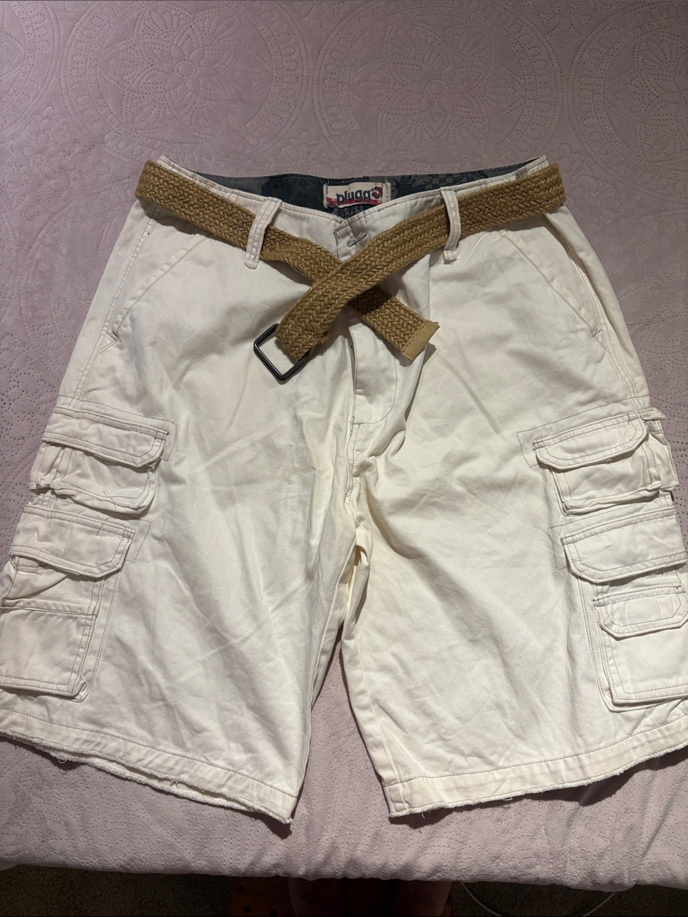 Plugg Men's Cream Cargo Shorts with Woven Tan Belt
